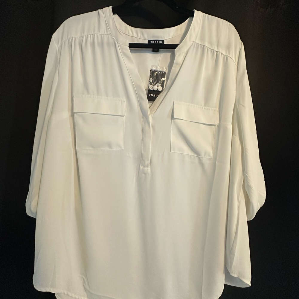 Torrid White Relaxed Blouse with Mandarin Collar